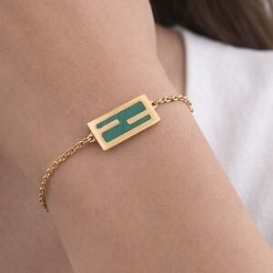 Fendi Vintage Adjustable Green Malachite Bracelet in Gold Tone
